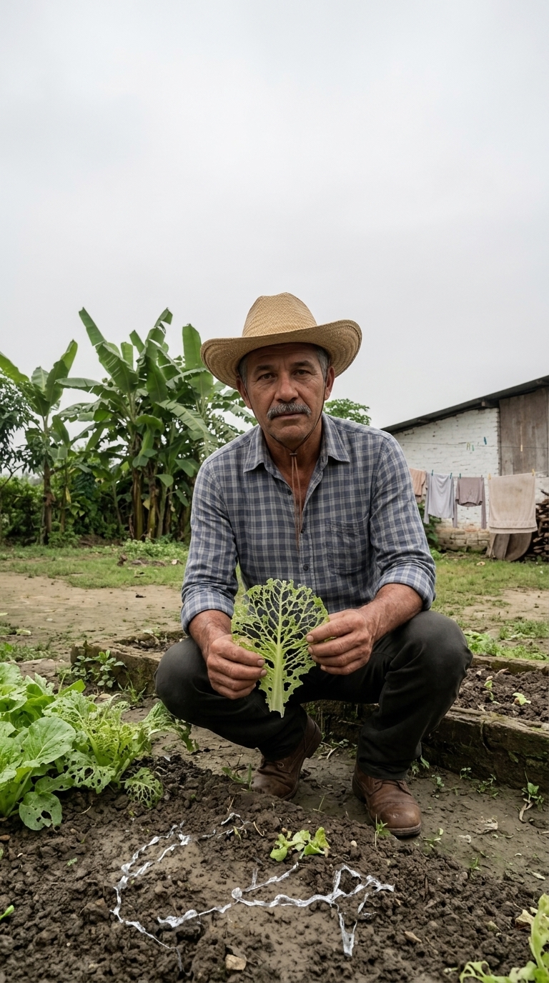 Seu Zé agachado na horta, com chapéu de palha, camisa xadrez e uma folha nas mãos